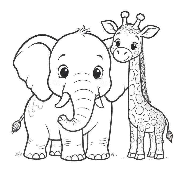 This coloring page features an elephant beside a giraffe in a simple scene.