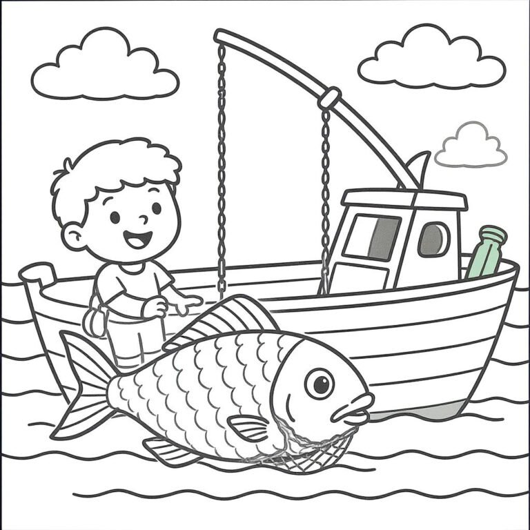 This coloring page features a young boy on a boat, catching a fish with a net.