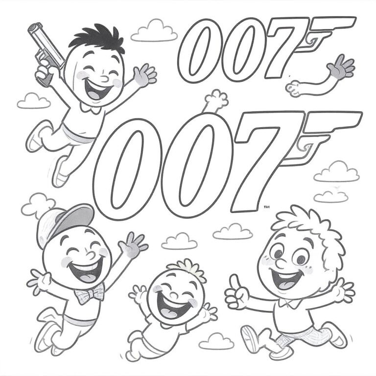 This coloring page features happy kids jumping with excitement beneath two bold 007 logos, blending playful childhood energy with a spy-themed twist.