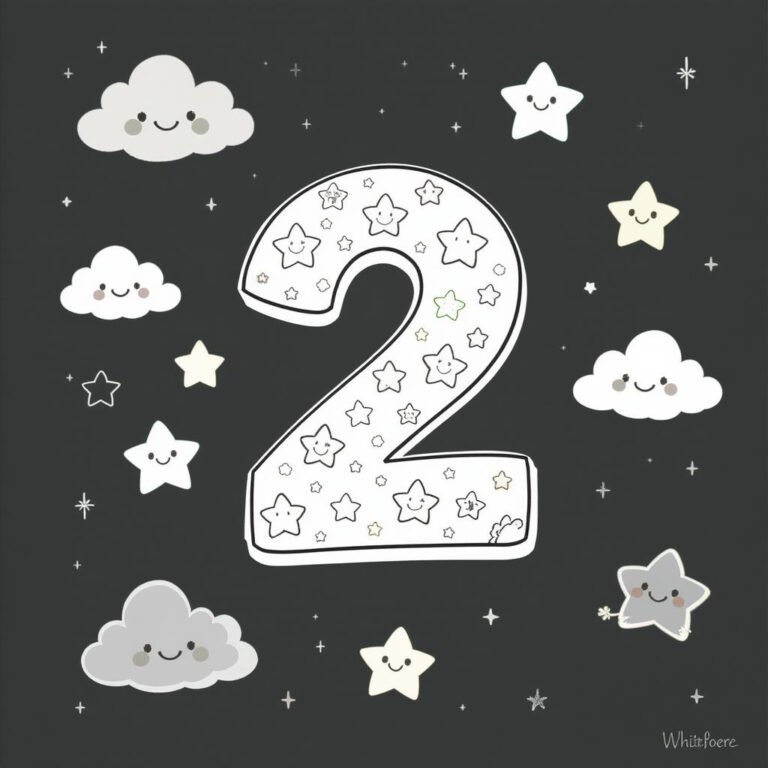 This coloring page features the number "02" glowing against a black background filled with stars and clouds.