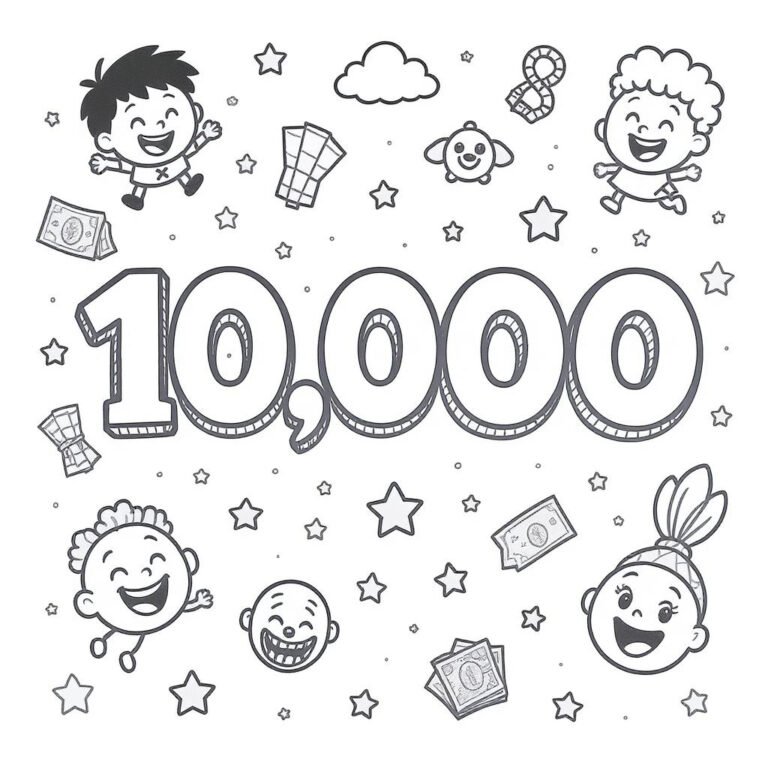 This coloring page features the number 10,000 surrounded by cheerful children with stars and cash.