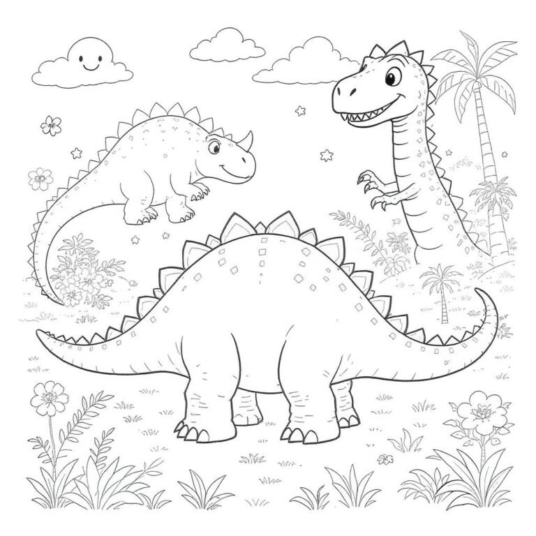 This coloring page features Brachiosaurus, Stegosaurus, and Tyrannosaurus Rex in a forest setting.
