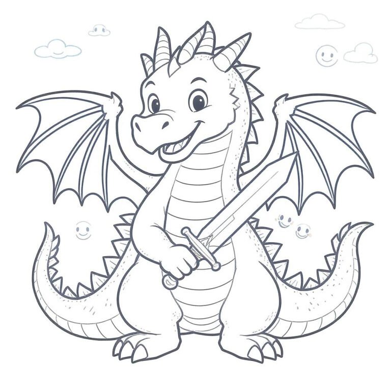 This coloring page features a dragon holding a sword, set against a simple background.