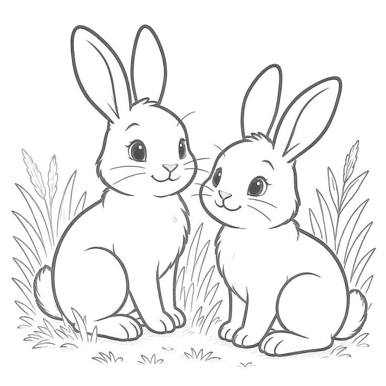This coloring page features two bunnies sharing a tender glance on a sunny meadow day.
