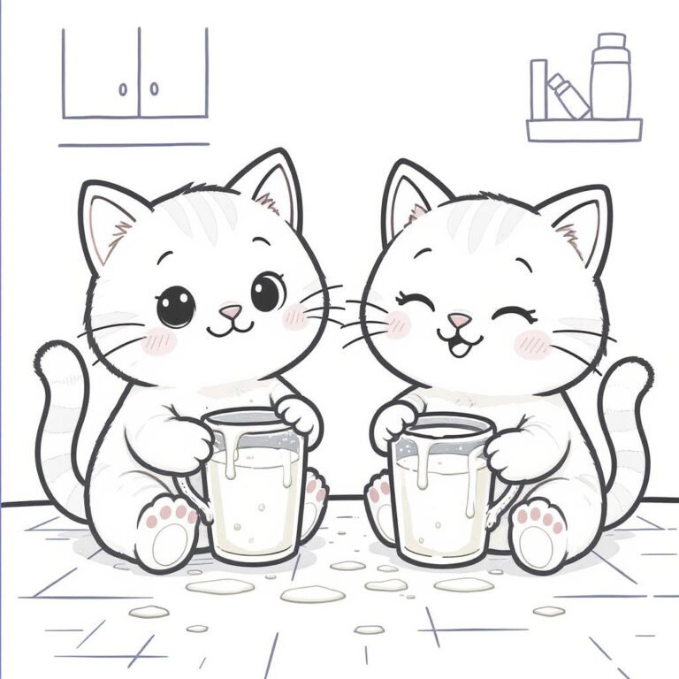 This coloring page features two cats sipping hot coffee together on a chilly morning.
