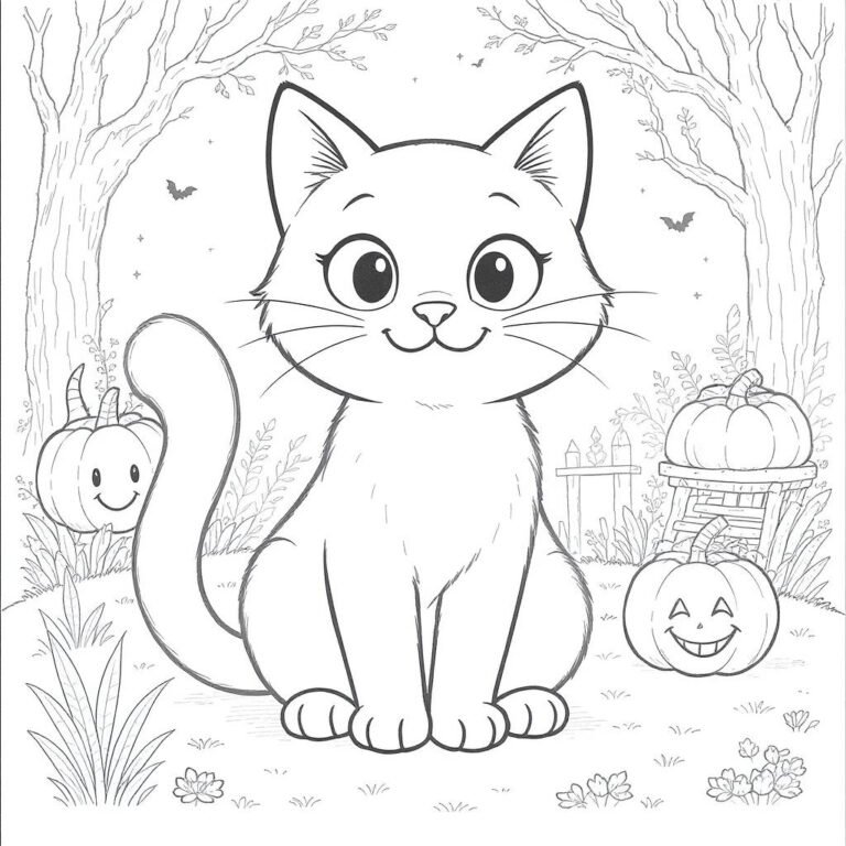 This coloring page features a big cute cat sitting in a forest with two Jack-o’-Lanterns.