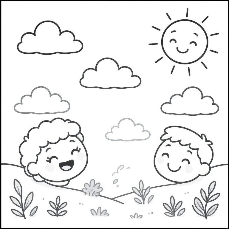 This coloring page features a beautiful landscape with two happy kids faces on a sunny day.