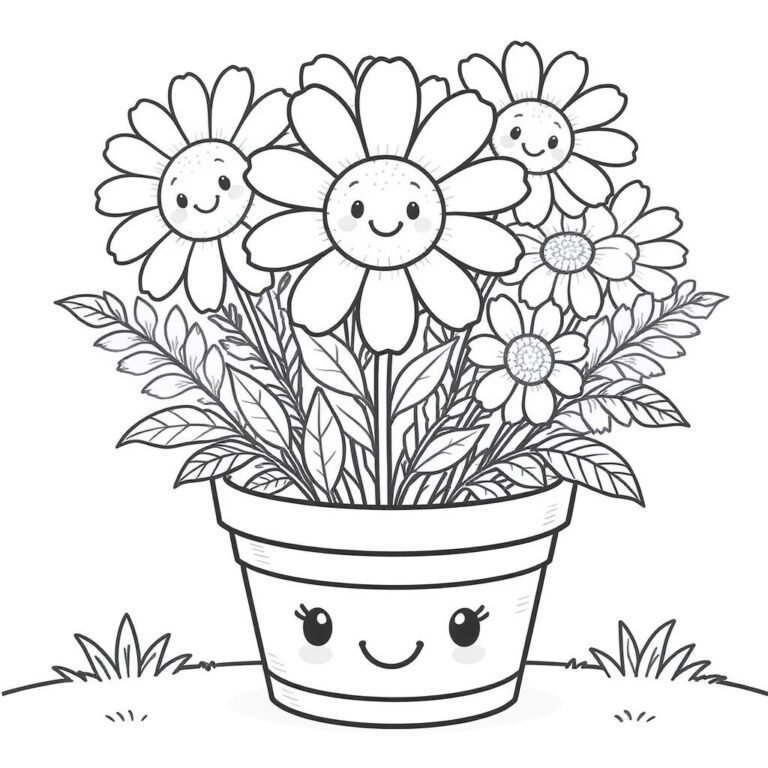 This coloring page features a pot decorated with daisy flowers.