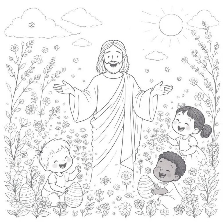This coloring page features Jesus Christ speaking to His disciples in a beautiful garden filled with flowers, under a bright sun and soft clouds.