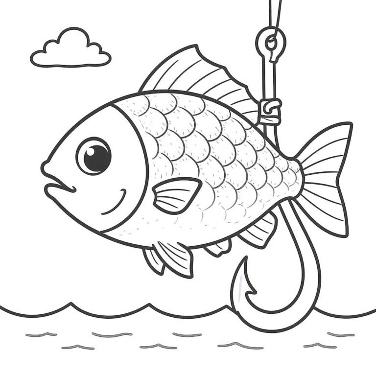 This coloring page features a fish caught with a hook, surrounded by sea waves.