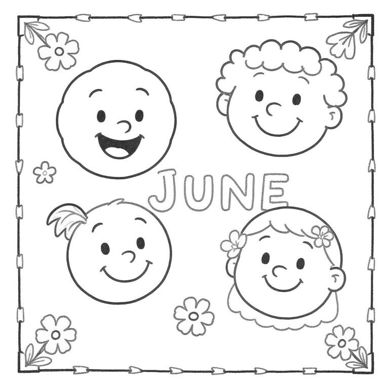 This coloring page features four round faces with the word "June" prominently displayed at the center.