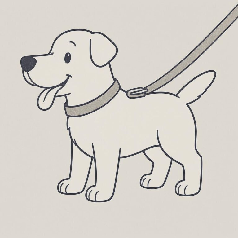 This coloring page features a leash and a cheerful dog.