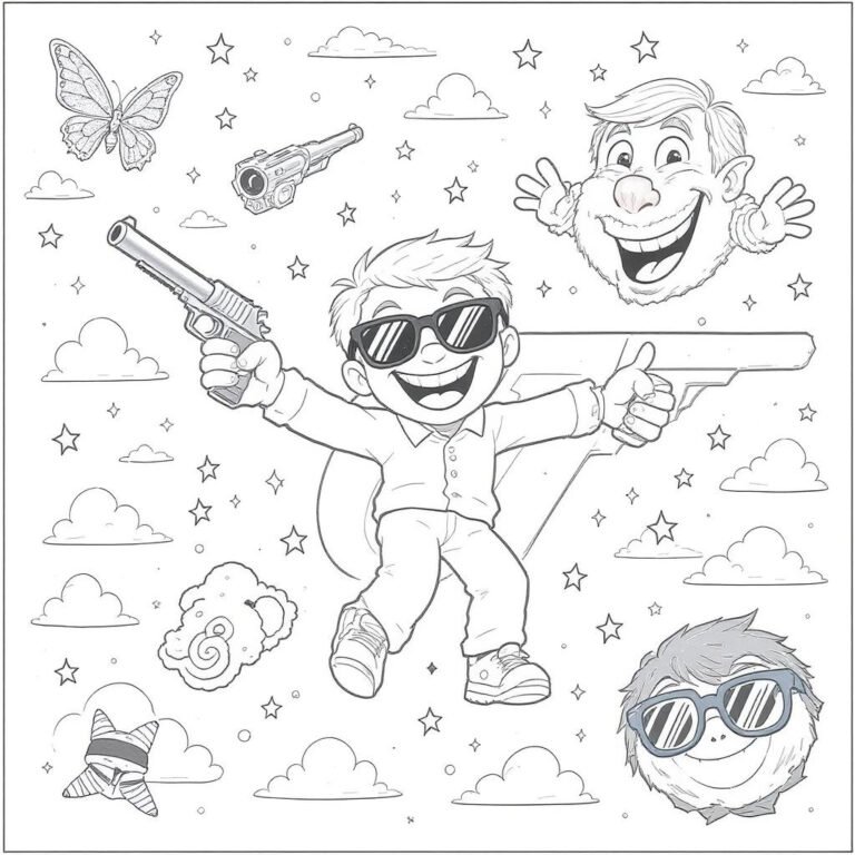 This coloring page features a happy, cartoonish spy character mid-jump, surrounded by stars, with the 007 logo behind them.