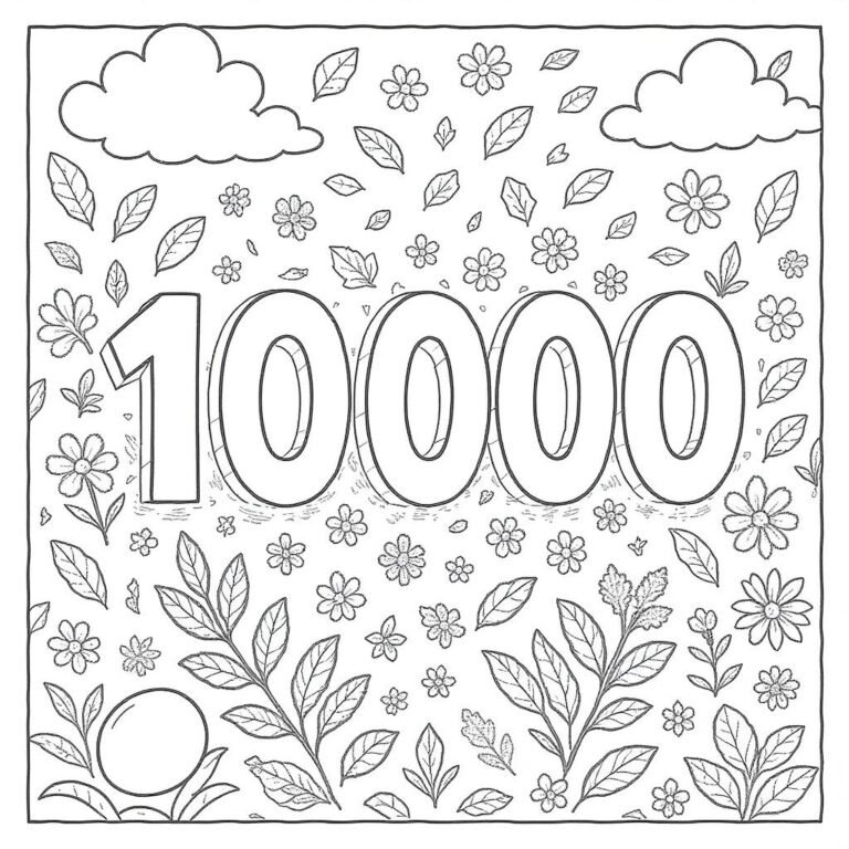 This coloring page features fluffy clouds above the number 10,000 in a field decorated with flowers.