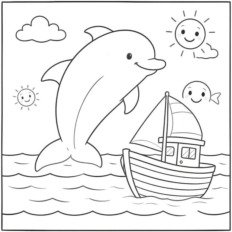 This coloring page features a dolphin above the ocean, looking at a boat on the water on a sunny day.