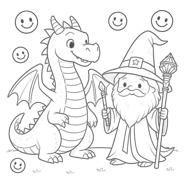 This coloring page features a dragon and a wizard holding a staff, with a playful background of emojis.