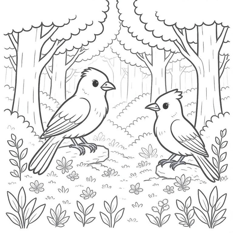 This coloring page features two birds perched on different branches facing each other in a forest setting.