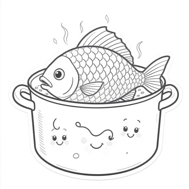 This coloring page features a fish with an intricate design, placed in a pot with steam rising from it.