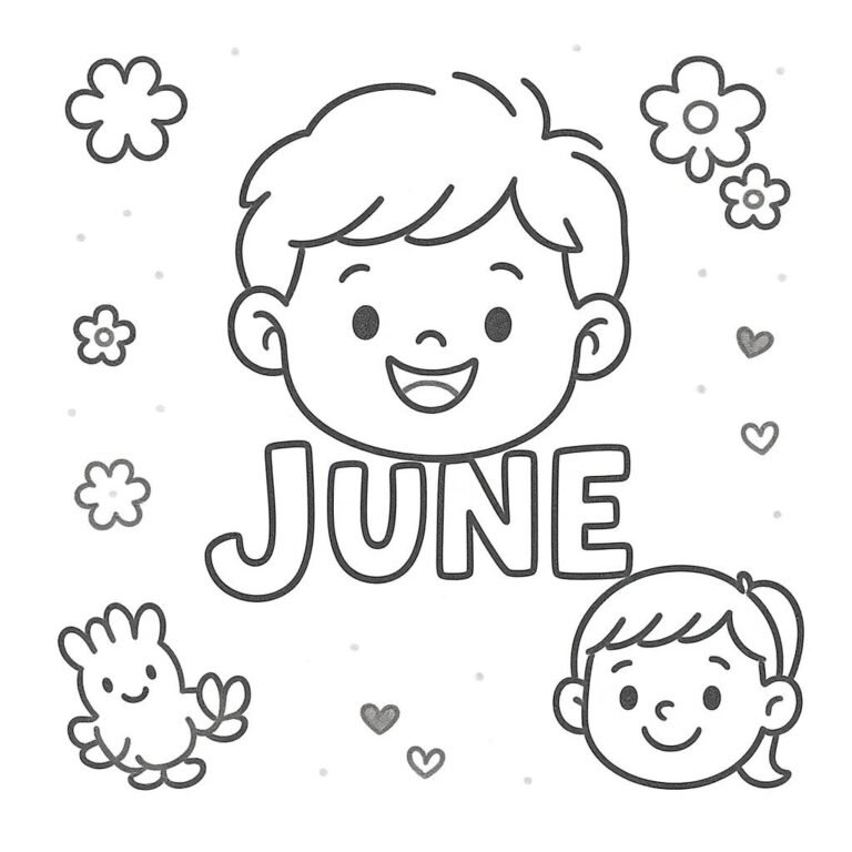 This coloring page features two faces with the word "June" surrounded by beautiful flowers.