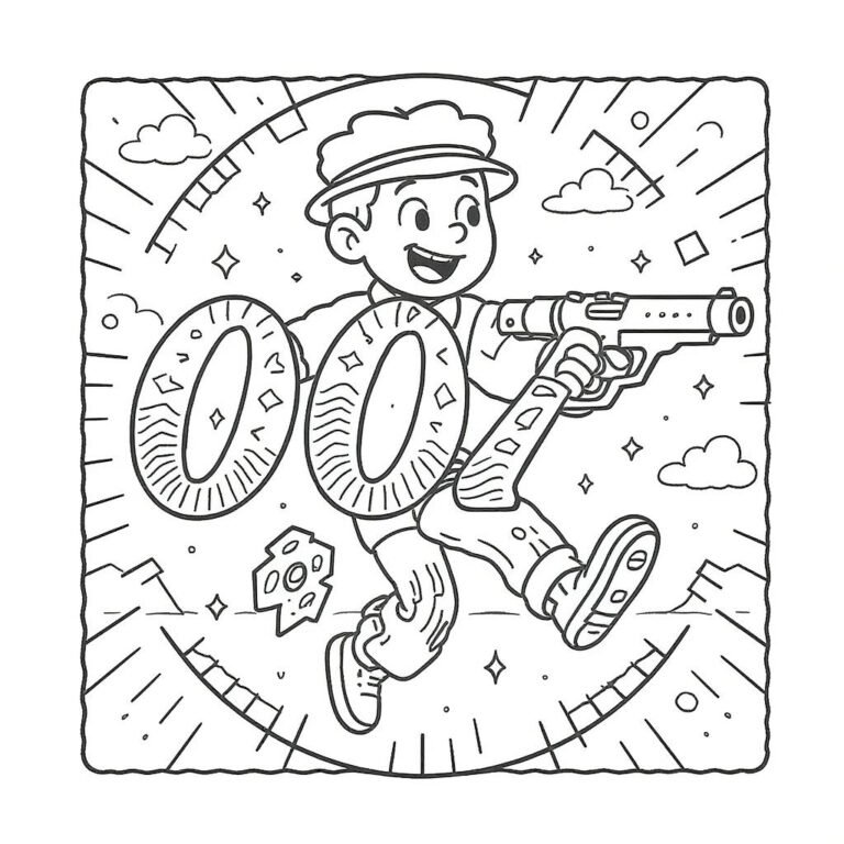 This coloring page features a cartoon-style secret agent wearing a cap, creatively using the "007" logo where the last digit forms the shape of a gun.