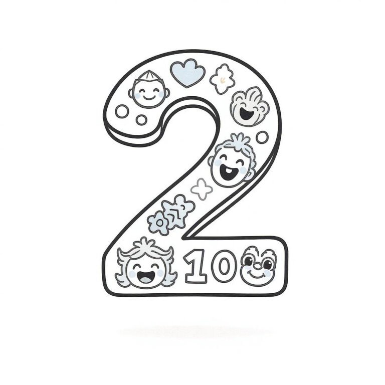 This coloring page features the number "2" decorated with fine shapes and cartoon textures.