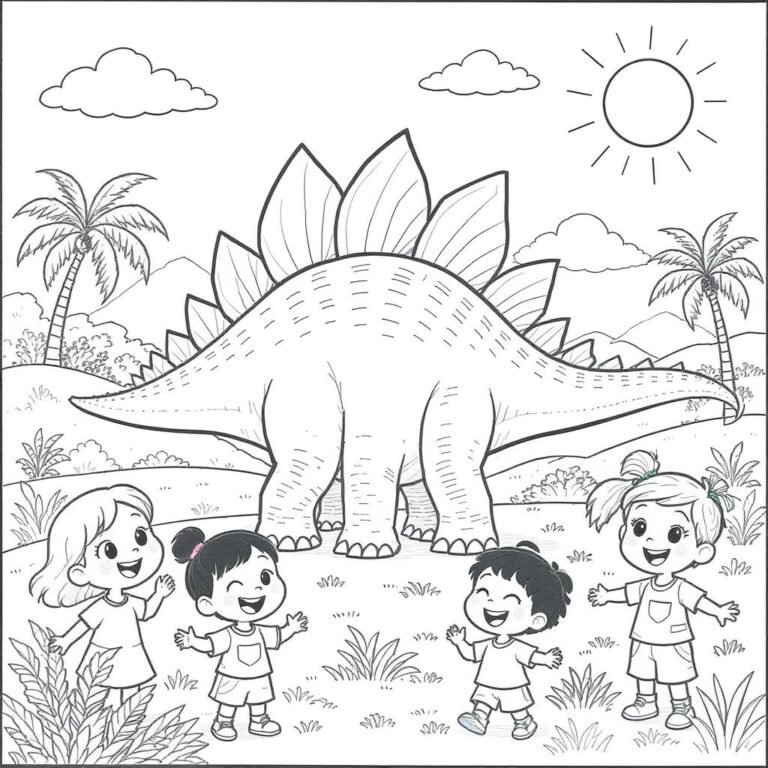 This coloring page features a Stegosaurus under a bright sun, surrounded by nature, and smiling children.