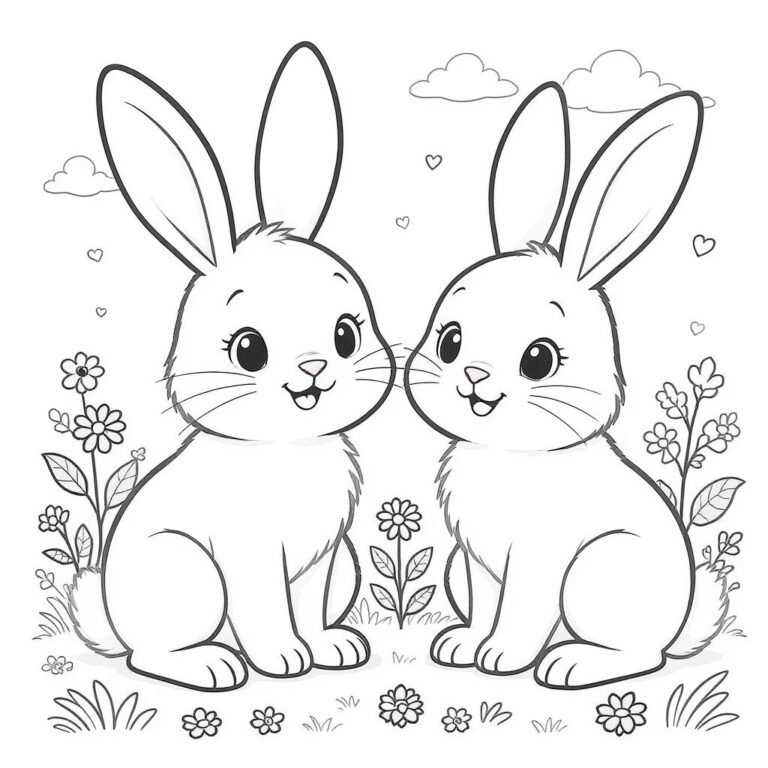 This coloring page features two bunnies sit face to face, lost in each other on a calm spring day surrounded by beautiful flowers.