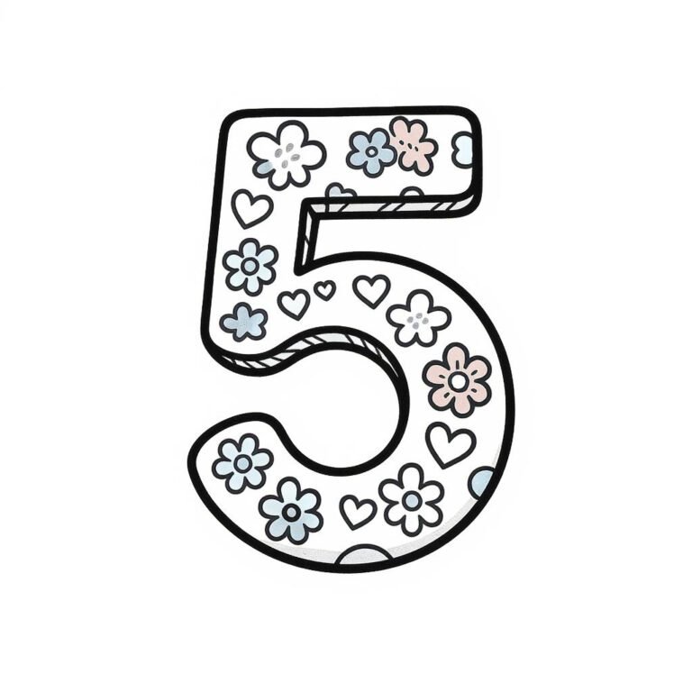 This coloring page features the number 5 filled with floral patterns.