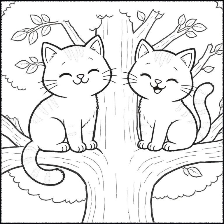 This coloring page features two cats sitting calmly on a tree branch.