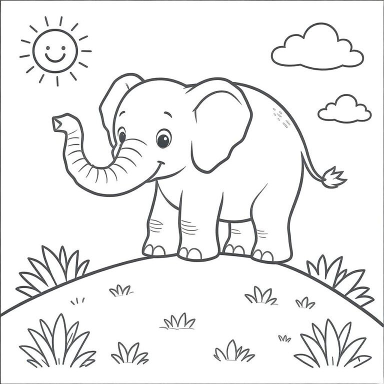 This coloring page features an elephant standing on a grassy hill.