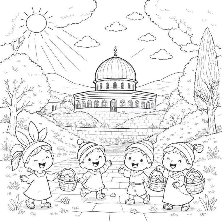 This coloring page features Jerusalem surrounded by beautiful trees, with four children on the pathway carrying a basket of Easter eggs.