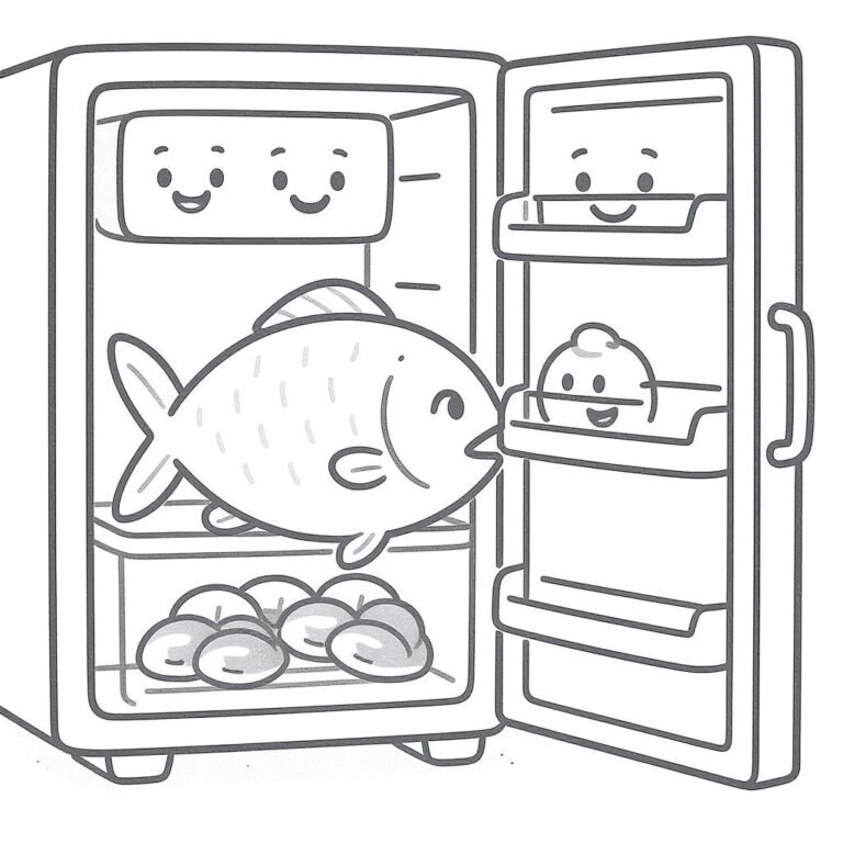 This coloring page features a fish inside an open freezer.