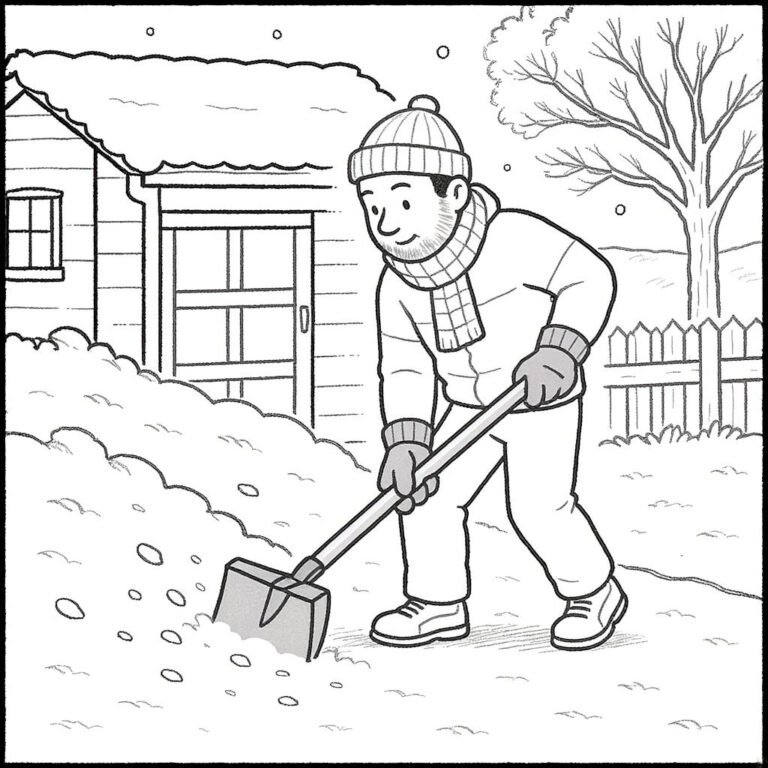 This coloring page features an adult dressed in a winter coat and scarf, shoveling snow outside their house on a cold winter day.