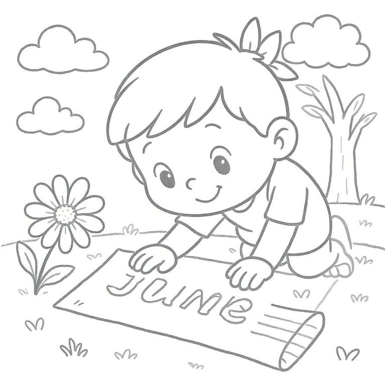 This coloring page features a young boy intently staring at the word "June" written on a plank, with a tree, flowers, and fluffy clouds in the background.