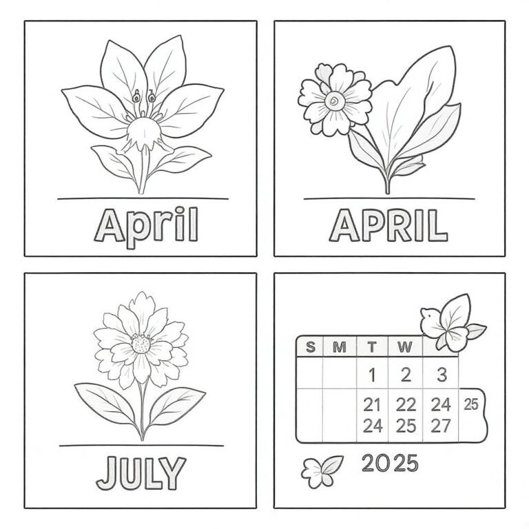 This coloring page features botanical drawings of various flowers and leaves with the word "April" and a mini calendar inset.