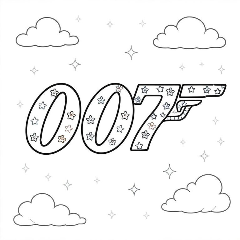 This coloring page features the 007 logo with light clouds and basic filler decor.