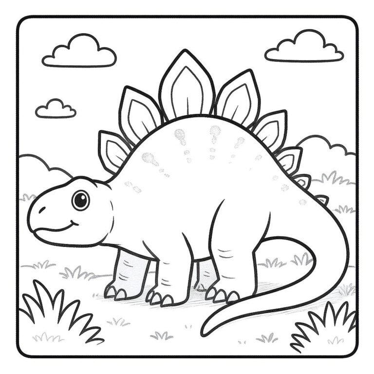 This coloring page features a cute stegosaurus in a grassy setting beneath fluffy clouds.