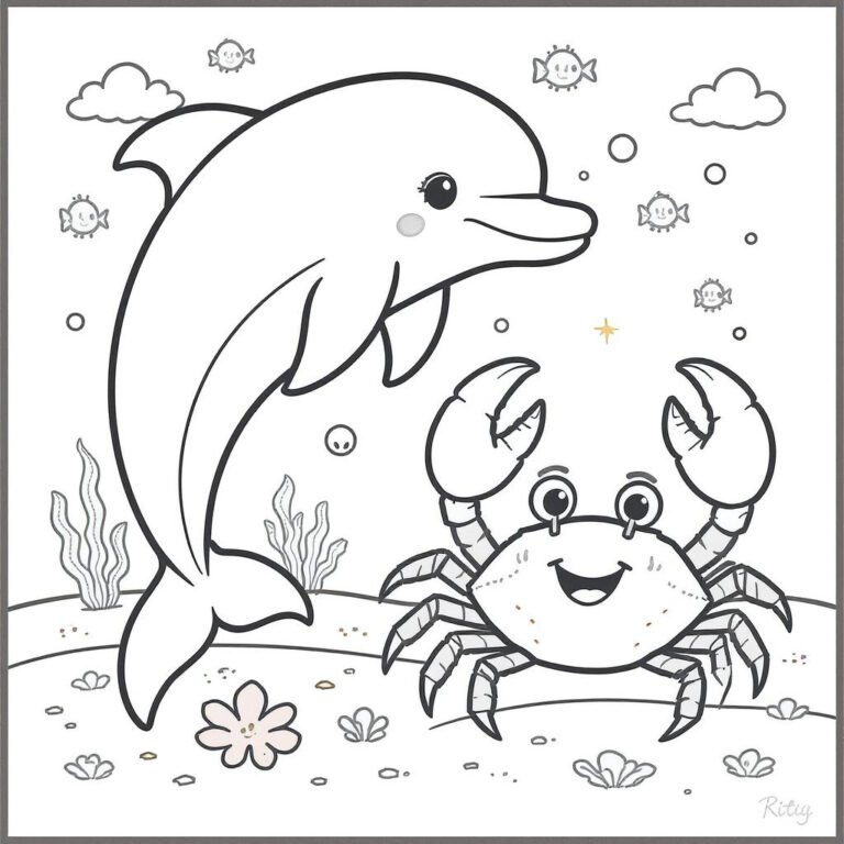 This coloring page features a friendly dolphin and crab undersea surrounded by bubbles, fishes, and seaweed.