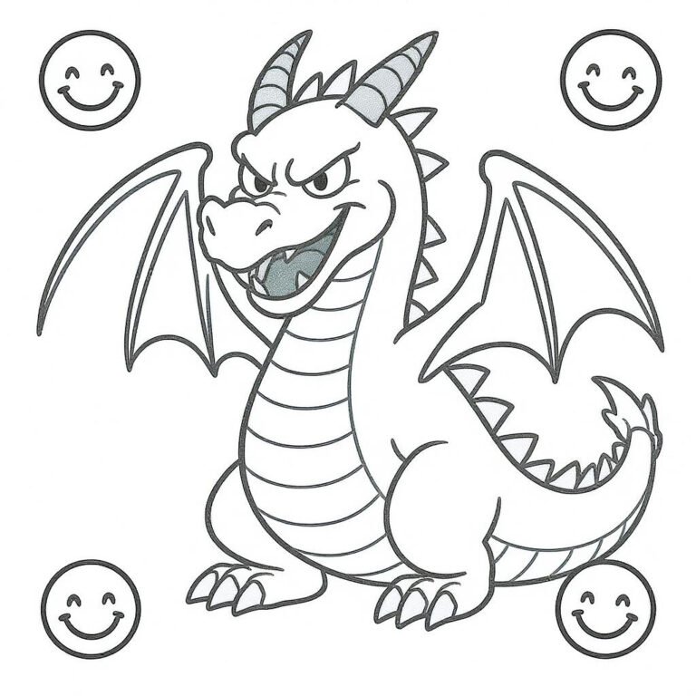 This coloring page features a fierce dragon with emojis surrounding it.