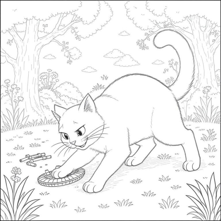 This coloring page features a large, playful cat playing with a round toy.
