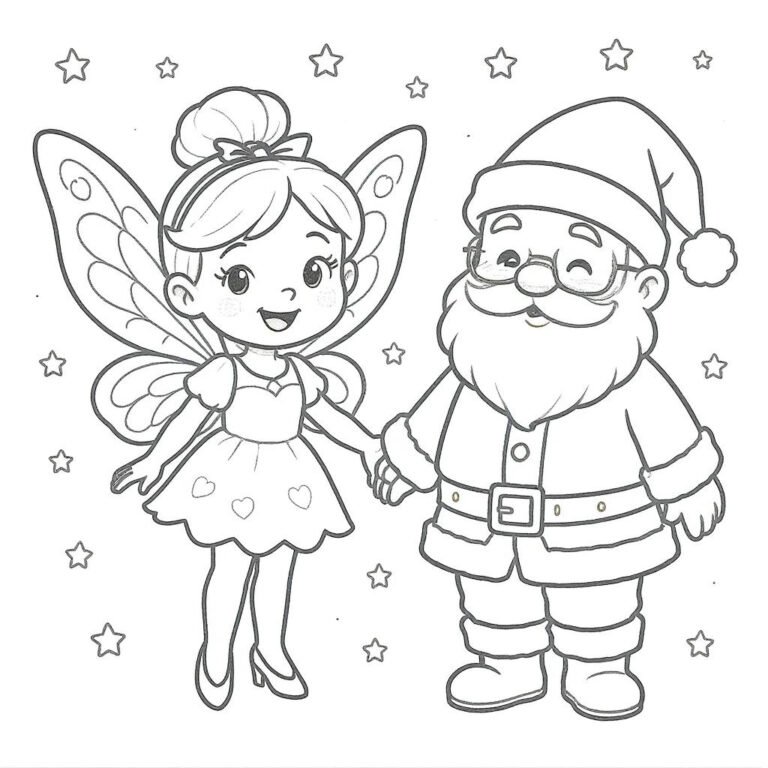 This coloring page features a fairy and Father Christmas holding hands.