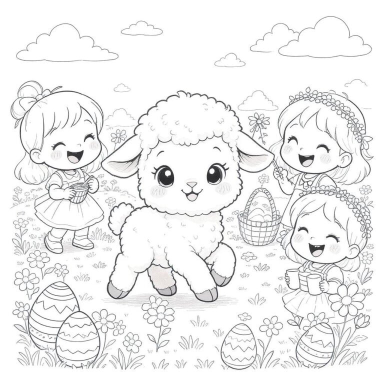 This coloring page features a young lamb surrounded by happy children and colorful Easter eggs.