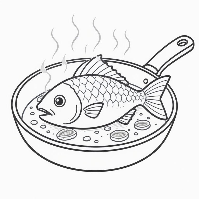 This coloring page features a fish sizzling in a frying pan.
