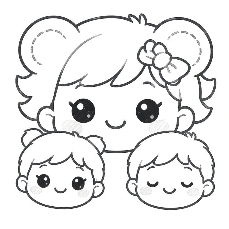This coloring page features a large cute face behind two cute faces.