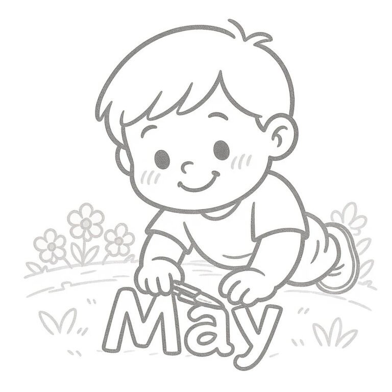 This coloring page features a young boy playing with soil, with the word May displayed beneath him.