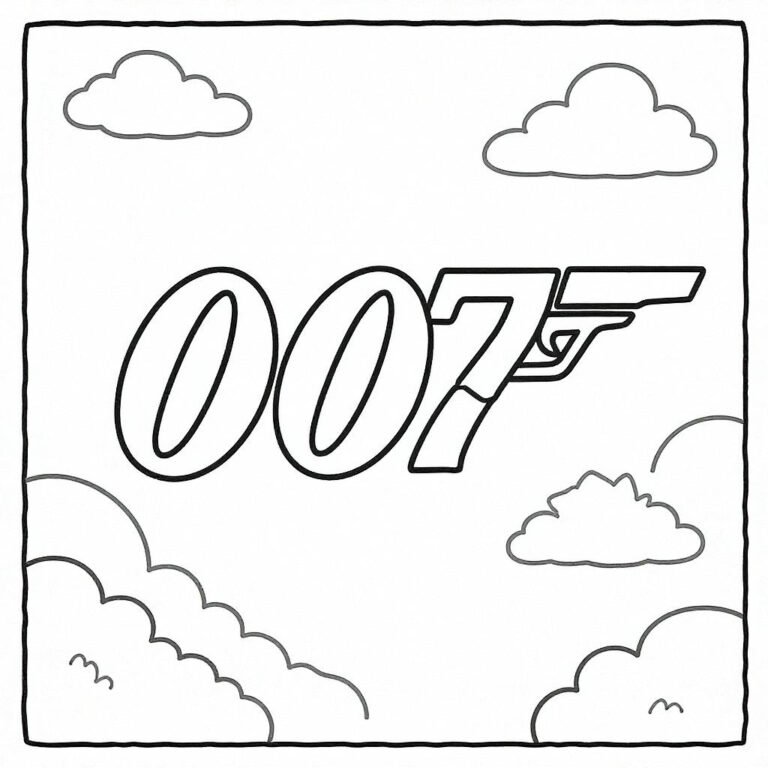 This coloring page features a large, simple 007 logo with just a few cartoon-style clouds in the background.