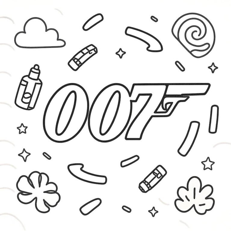 This coloring page features a quirky mix of spy symbols and candy, combining the 007 theme with fun swirls and objects.