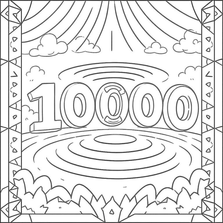 This coloring page features the number 10,000 centered around a detailed swirling pattern.