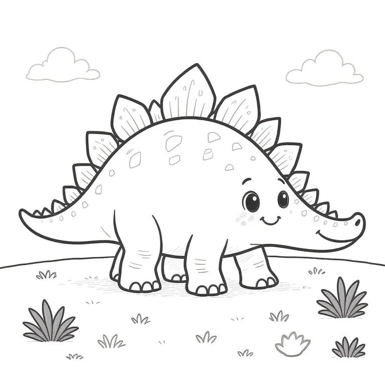This coloring page features a baby Stegosaurus with pronounced back plates, standing in open terrain in a simple setting.