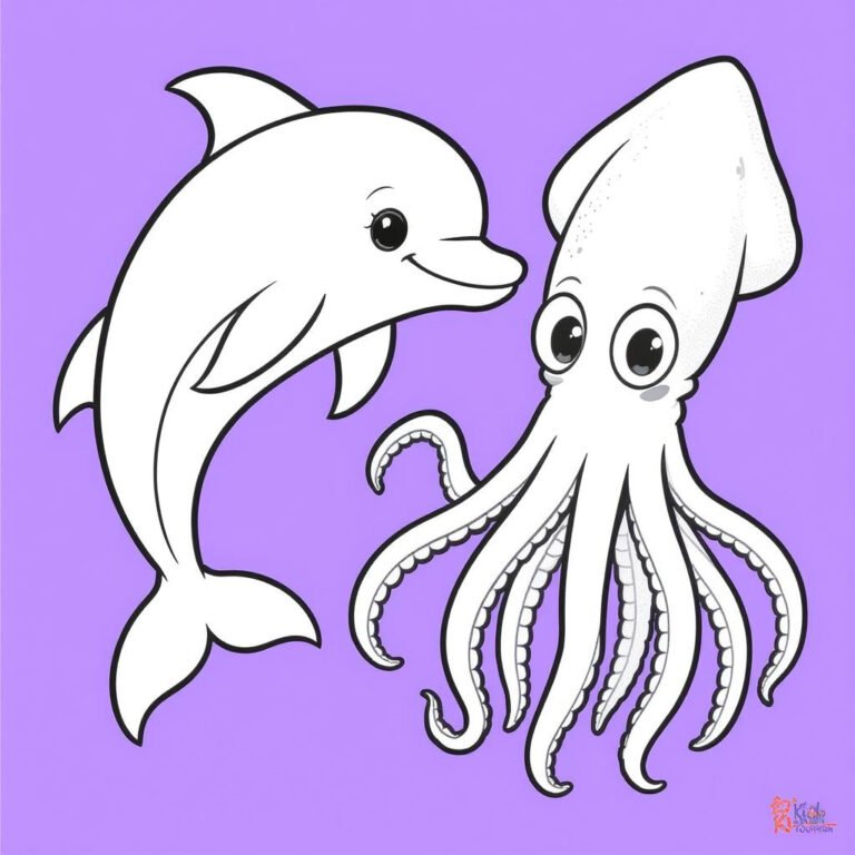This coloring page features a dolphin and an octopus set against a purple background.